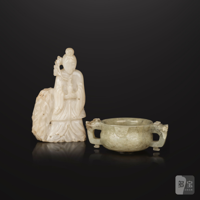 明 十七世紀 玉獸面紋爐 及 清 十九世紀 白玉仕女像 | PETITE COUPE À ANSES EN JADE CÉLADON ET STATUETTE DE DAME EN JADE BLANC